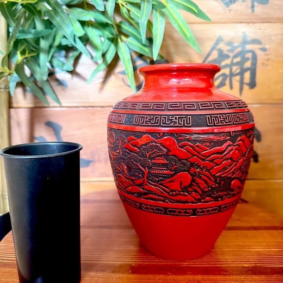 Japanese Flower Vase Red Cinnabar Lacquer Kabin Ikebana Kamakura Bori Ceremony - Picture 2 of 15